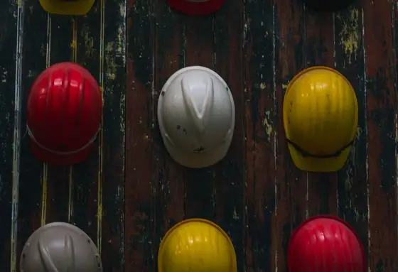 Safety helmets on a workbench