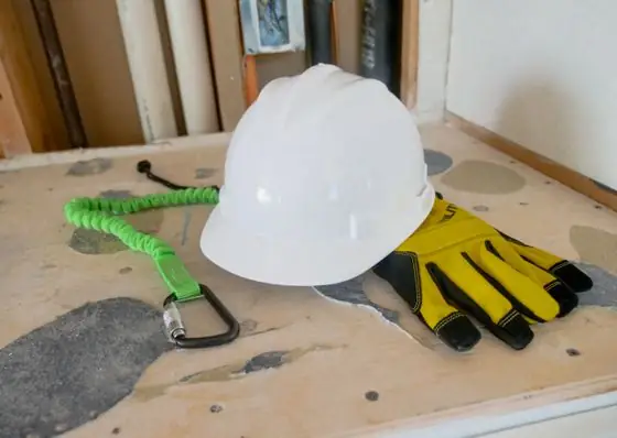 Safety helmet, harness and gloves